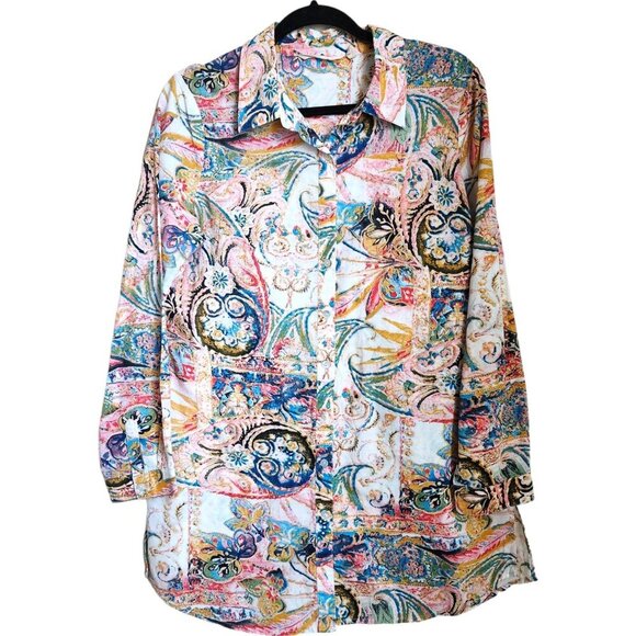 Soft Surroundings Button Up Tunic Top Women's M Paisley Floral Artsy Boho Hippie - Picture 1 of 10